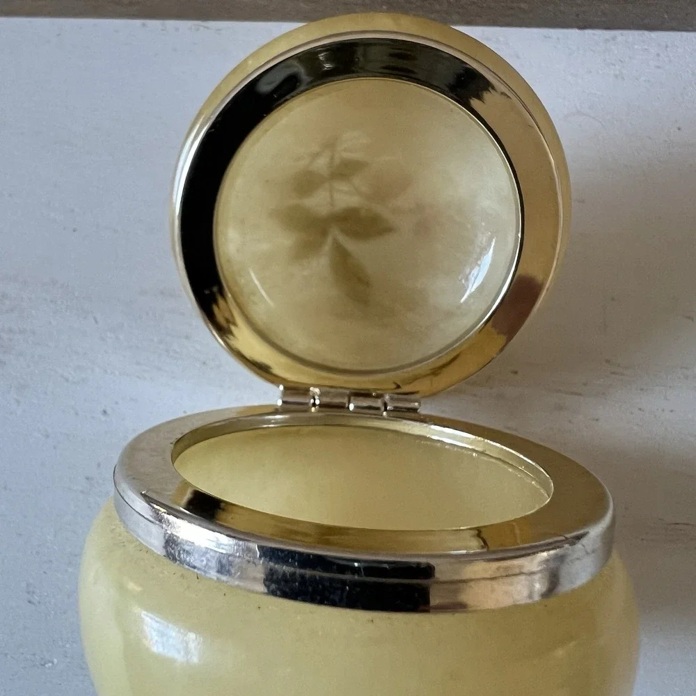 Vintage Yellow Alabaster Trinket‎ Box With Floral Pattern On Top 2 In W X 1.75 H